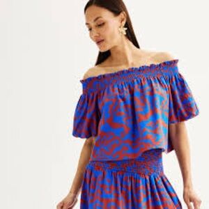 Nine West Off-Shoulder Blue and Red Blouse